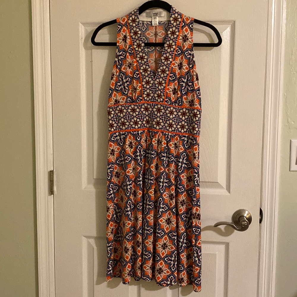 Blue/Orange/Taupe Patterned summer dress